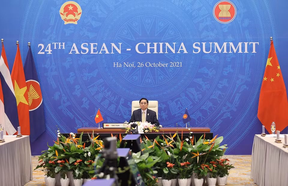 Thủ tướng Chính phủ Phạm Minh Chính tham dự và phát biểu tại Hội nghị cấp cao ASEAN-Trung Quốc lần thứ 24. (Ảnh: Dương Giang/TTXVN)