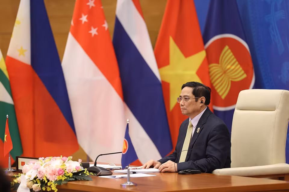 Thủ tướng Chính phủ Phạm Minh Chính tham dự và phát biểu tại Hội nghị cấp cao ASEAN-Trung Quốc lần thứ 24. (Ảnh: Dương Giang/TTXVN)