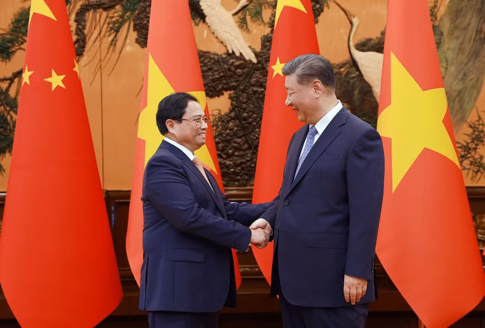 Thủ tướng Phạm Minh Chính hội kiến Tổng Bí thư, Chủ tịch nước Trung Quốc Tập Cận Bình. (Ảnh: Dương Giang/TTXVN)