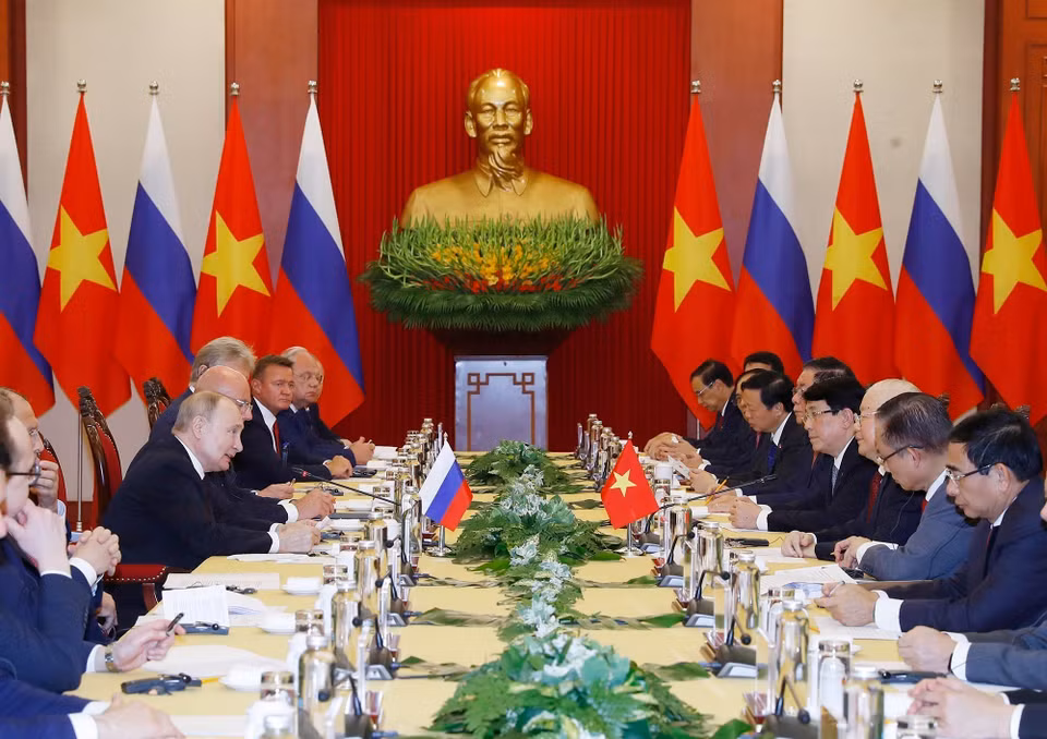 Tổng Bí thư Nguyễn Phú Trọng và Tổng thống Liên bang Nga Vladimir Putin hội đàm. (Ảnh: Trí Dũng/TTXVN)