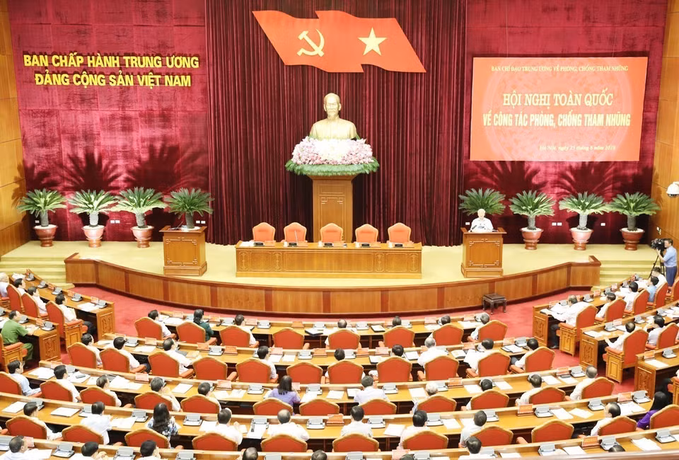 Tổng Bí thư Nguyễn Phú Trọng, Trưởng Ban Chỉ đạo Trung ương về phòng, chống tham nhũng phát biểu kết luận Hội nghị toàn quốc về công tác phòng, chống tham nhũng (Hà Nội, 25/6/2018). (Ảnh: Trí Dũng/TTXVN)