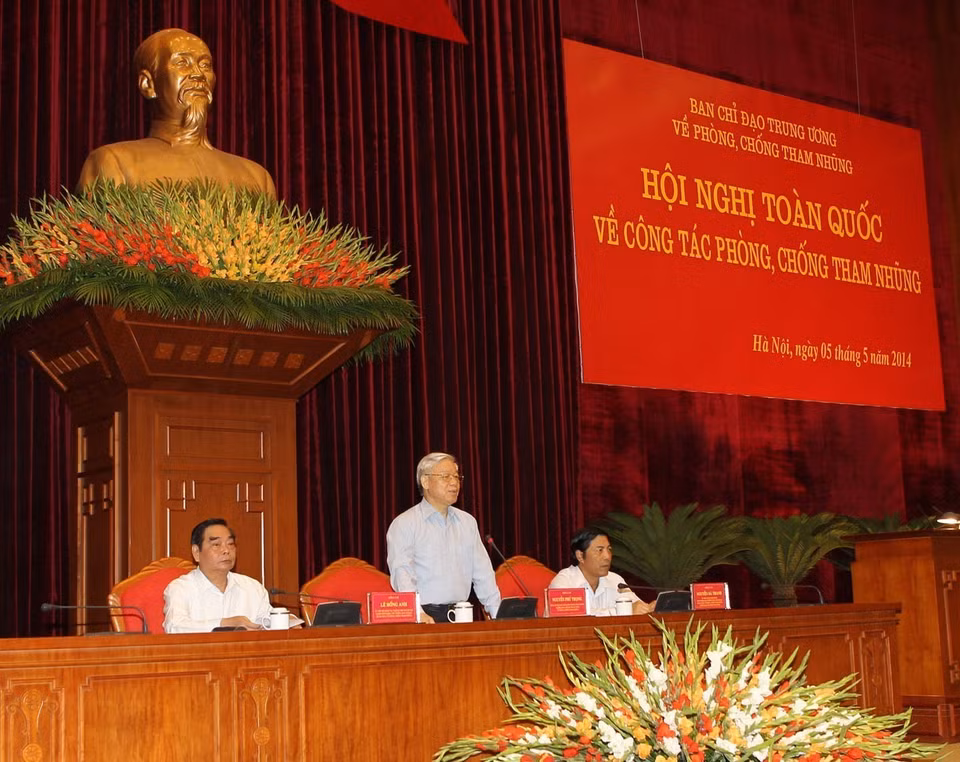 Tổng Bí thư Nguyễn Phú Trọng phát biểu khai mạc Hội nghị toàn quốc về công tác phòng, chống tham nhũng (Hà Nội, 5/5/2014). (Ảnh: Trí Dũng/TTXVN)