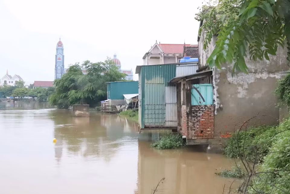 Những ngôi nhà nằm “chênh vênh” bên mép nước dọc bờ đê kênh tiêu lũ Vách Bắc. (Ảnh: Văn Tý/TTXVN)
