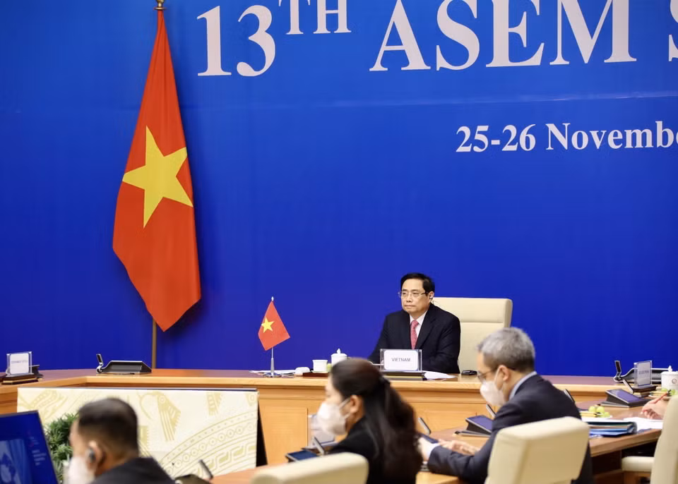 Thủ tướng Chính phủ Phạm Minh Chính dự và phát biểu tại Hội nghị Cấp cao Á-Âu (ASEM) lần thứ 13 do Campuchia tổ chức dưới hình thức trực tuyến. (Ảnh: Lâm Khánh/TTXVN)