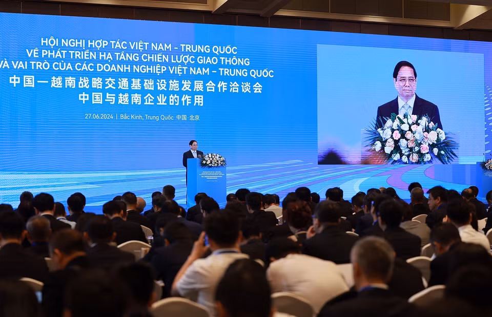 Thủ tướng Phạm Minh Chính phát biểu tại Hội nghị hợp tác Việt Nam-Trung Quốc về phát triển hạ tầng chiến lược giao thông. (Ảnh: Dương Giang/TTXVN)