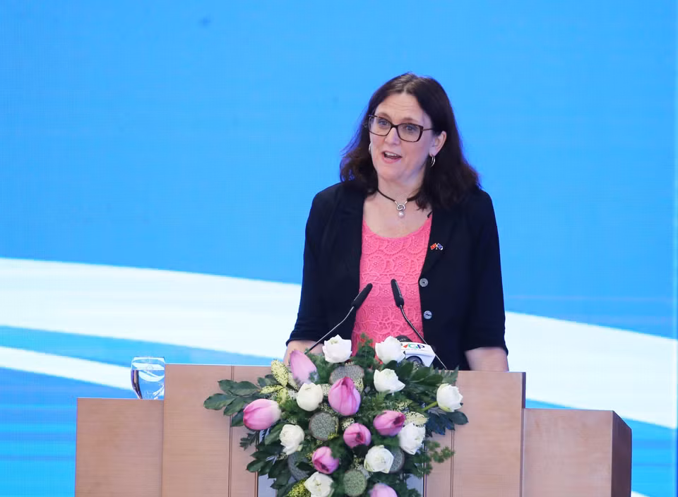 Cao ủy Liên minh châu Âu phụ trách thương mại Cecilia Malmström phát biểu. (Ảnh: Lâm Khánh/TTXVN)