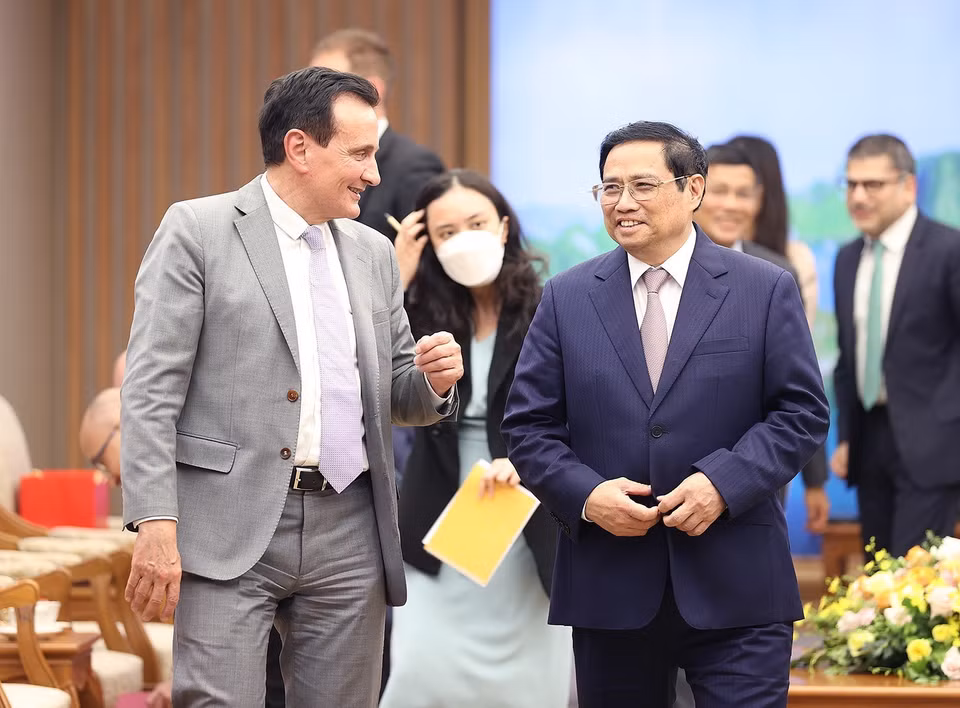 Chiều 31/5, Thủ tướng Phạm Minh Chính tiếp ông Pascal Soriot, Tổng Giám đốc điều hành Tập đoàn AstraZeneca. (Ảnh: Dương Giang/TTXVN)