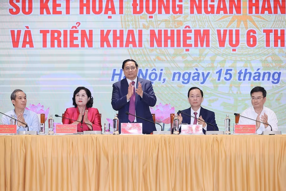 Thủ tướng Phạm Minh Chính dự hội nghị triển khai nhiệm vụ ngân hàng 6 tháng cuối năm 2023. (Ảnh: Dương Giang/TTXVN)