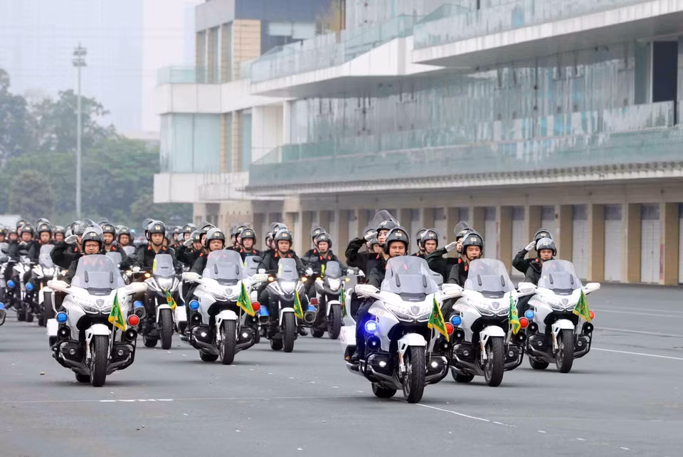 Khối xe môtô đặc chủng tuần tra của lực lượng Cảnh sát Cơ động tham gia diễu binh. (Ảnh: Phạm Kiên/TTXVN)