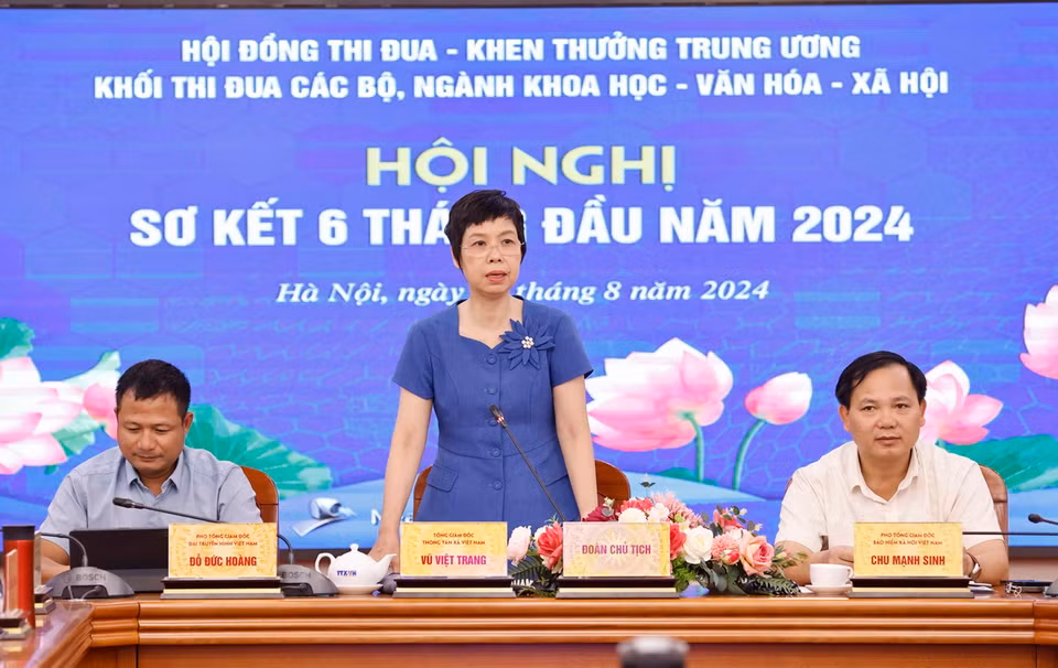 Bí thư Đảng ủy, Tổng Giám đốc, Chủ tịch Hội đồng Thi đua - Khen thưởng Thông tấn xã Việt Nam Vũ Việt Trang phát biểu. (Ảnh: Doãn Tấn/TTXVN)
