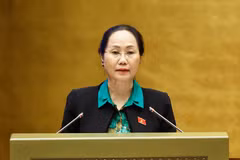 Bộ trưởng Bộ Văn hóa, Thể thao và Du lịch Lâm Thị Phương Thanh, thừa ủy quyền của Thủ tướng Chính phủ, trình bày Tờ trình về dự án Luật sửa đổi, bổ sung một số điều của Luật Thể dục, thể thao, Luật Du lịch, Luật Thư viện, Luật Điện ảnh, Luật Di sản văn hóa, Luật Quảng cáo, Luật Báo chí. (Ảnh: Doãn Tấn/TTXVN)
