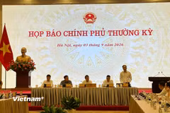 Buổi họp báo Chính phủ thường kỳ tháng 8/2026 vừa diễn ra chiều nay, ngày 3/9 tại Hà Nội. (Ảnh: M.Mai/Vietnam+)