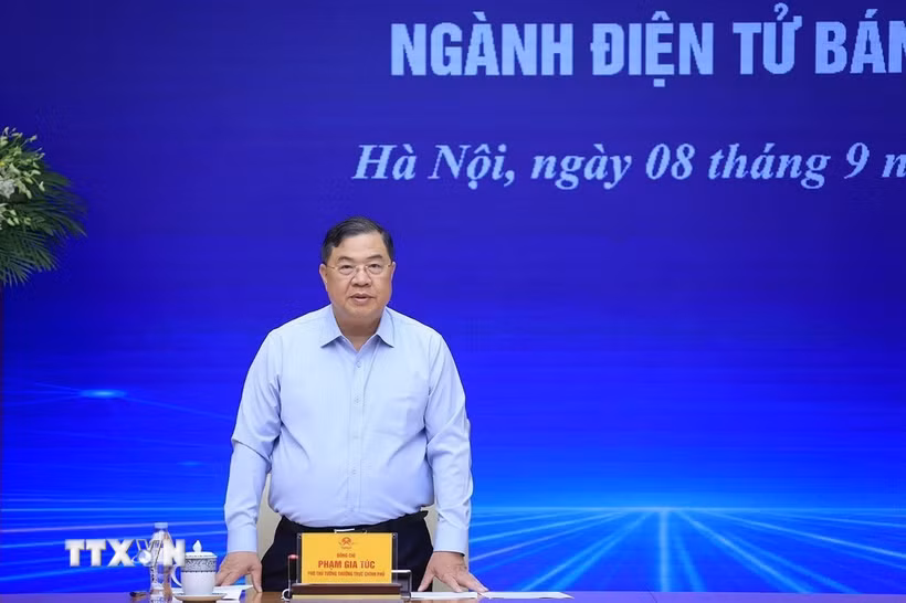 Phó Thủ tướng Thường trực Phạm Gia Túc phát biểu tại cuộc làm việc với Hiệp hội Điện tử Việt Nam và các doanh nghiệp xuất nhập khẩu lớn của ngành điện tử bán dẫn. (Ảnh: Tuấn Anh/TTXVN)