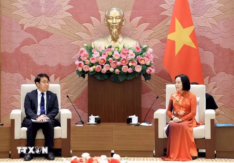 Phó Chủ tịch Quốc hội Nguyễn Thị Thanh tiếp Ngài Saito Hiroaki, Chủ nhiệm Ủy ban Giáo dục, Văn hóa, Thể thao, Khoa học và Công nghệ của Hạ viện Nhật Bản. (Ảnh: Tuấn Anh/TTXVN)