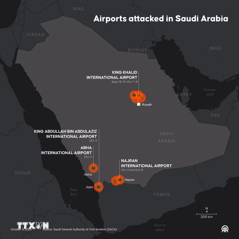 Đồ họa thông tin về các sân bay tại Saudi Arabia bị tấn công, được thực hiện tại Ankara, Thổ Nhĩ Kỳ ngày 9/10/2026. (Ảnh: AA/TTXVN phát)