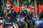 Hình ảnh cán bộ, chiến sỹ Cảnh sát cơ động Kỵ binh trong đội hình tổng duyệt nổi bật giữa không gian rợp cờ Tổ quốc tại khu vực trung tâm Hà Nội. (Ảnh: Phạm Tuấn Anh/TTXVN)