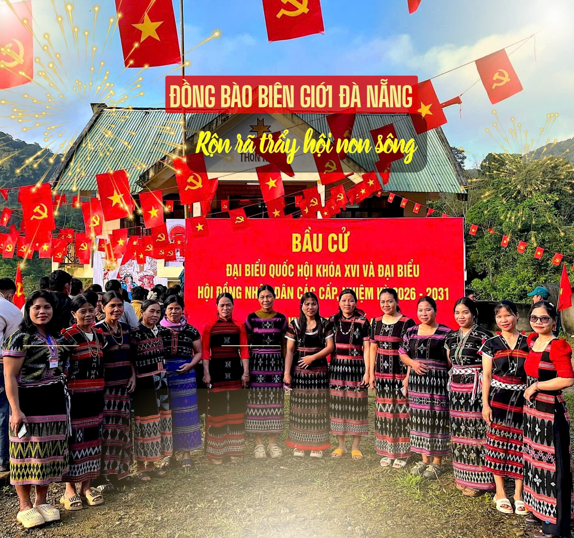 Sắc cờ nhuộm đỏ rực rỡ tại một điểm bầu cử ở xã biên giới La Êê, thành phố Đà Nẵng. (Ảnh: PV/Vietnam+) 