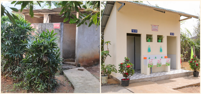 Nhà vệ sinh của Trường Tiểu học Thành Long trước và sau khi xây mới. (Ảnh: Minh Sơn/Vietnam+) Khánh thành 10 nhà vệ sinh trường học: Mang điều ước tới cho em ảnh 2