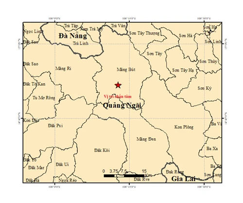 Vị trí xảy ra động đất 4,0 độ sáng 21/2 ở xã Măng Đen, tỉnh Quảng Ngãi.
