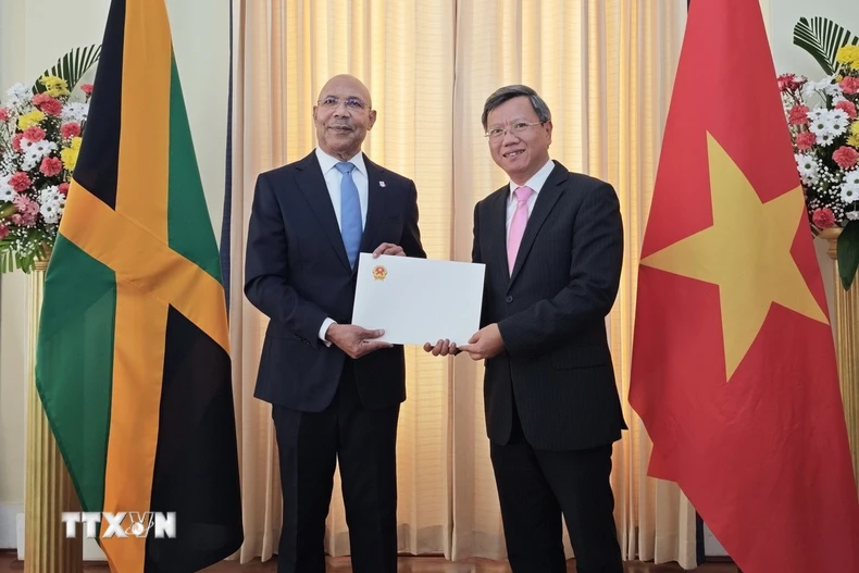 Đại sứ Việt Nam Lê Quang Long trình Quốc thư lên Toàn quyền Jamaica Patrick Allen. (Ảnh: TTXVN phát)