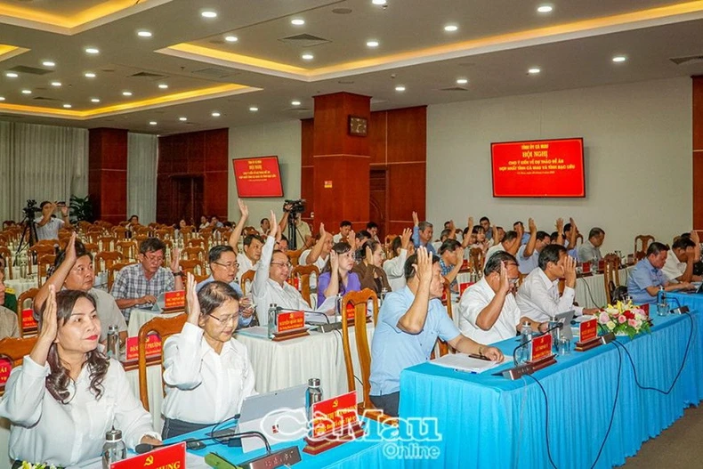 100% đại biểu biểu quyết thông qua Nghị quyết của Ban Chấp hành Đảng bộ tỉnh Cà Mau về Đề án hợp nhất 2 tỉnh Cà Mau và Bạc Liêu. (Nguồn: Báo Cà Mau)