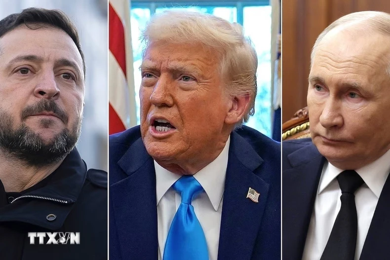 (Từ trái sang) Tổng thống Ukraine Volodymyr Zelensky, Tổng thống Mỹ Donald Trump và Tổng thống Nga Vladimir Putin. (Ảnh: AP/TTXVN)