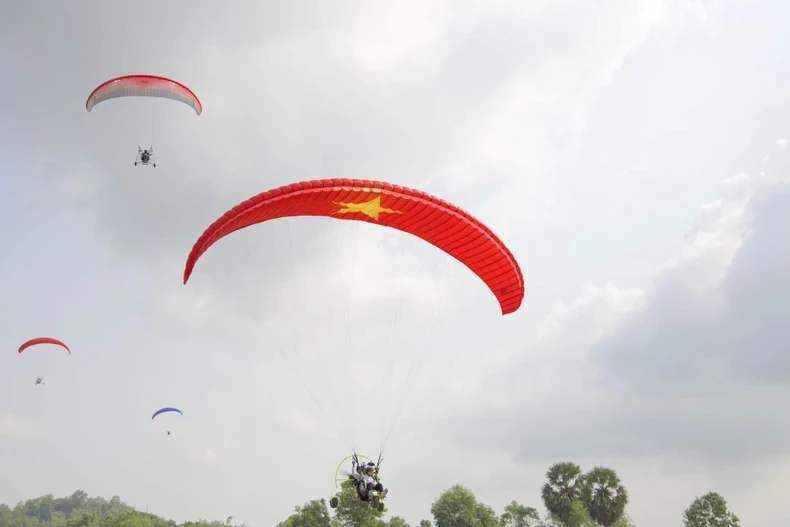 Các phi công thể hiện kỹ thuật điều khiển dù lượn trên bầu trời giữa cánh đồng thốt nốt. (Ảnh: Công Mạo/TTXVN)