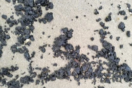 Dầu vón cục với kích cỡ nhỏ xuất hiện tại bờ biển xã Duy Hải. (Ảnh: Bang Nhiệm/TTXVN)