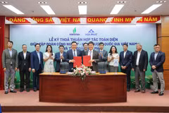Chủ tịch Hội đồng thành viên Petrovietnam Lê Mạnh Hùng và Chủ tịch Hội đồng quản trị Tập đoàn Hòa Phát Trần Đình Long ký kết thỏa thuận hợp tác toàn diện giữa hai tập đoàn. (Ảnh: PV/Vietnam+)