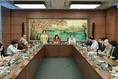 Đoàn đại biểu Quốc hội thành phố Hà Nội thảo luận tại tổ. (Ảnh: An Đăng/TTXVN)