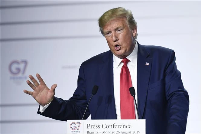 Tổng thống Mỹ Donald Trump trong cuộc họp báo tại Hội nghị thượng đỉnh Nhóm các nền kinh tế phát triển nhất thế giới (G7) ở Biarritz, Tây Nam Pháp ngày 26/8/2019. (Ảnh: AFP/TTXVN)