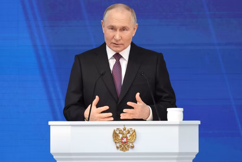 Ông Putin trình bày Thông điệp Liên bang trước Quốc hội, ngày 29/2/2024. (Ảnh: AFP/TTXVN)