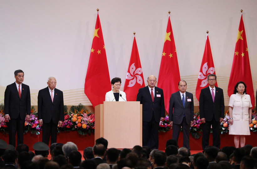 Trưởng Đặc khu Hong Kong, bà Lâm Trịnh Nguyệt Nga (Carrie Lam) phát biểu tại lễ kỷ niệm. (Nguồn: EPA)