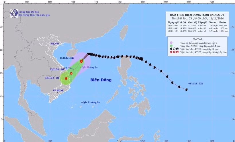 Hướng di chuyển của bão số 7 cập nhật lúc 4h sáng 11/11. (Ảnh: TTXVN phát)