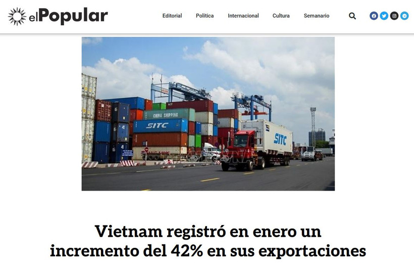 Báo El Popular của Uruguay viết về xuất khẩu Việt Nam. (Ảnh: Diệu Hương/TTXVN)