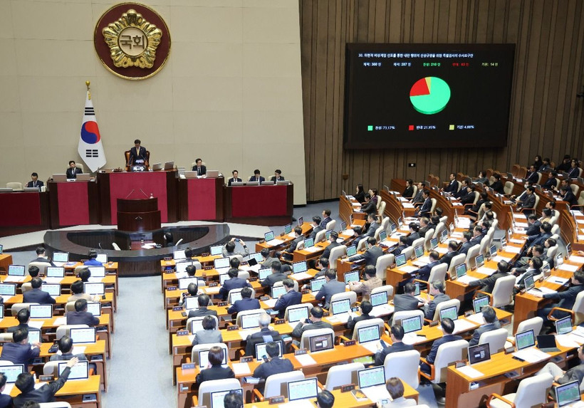 Toàn cảnh phiên họp Quốc hội Hàn Quốc để thông qua dự luật điều tra Tổng thống Yoon Suk Yeol, ở Thủ đô Seoul ngày 10/12/2024. (Ảnh: Yonhap/TTXVN)