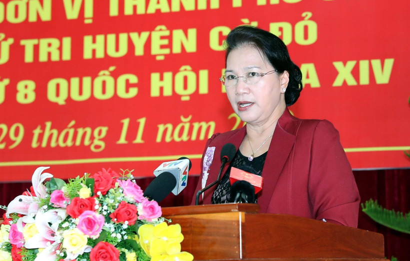 Chủ tịch Quốc hội Nguyễn Thị Kim Ngân phát biểu tại buổi tiếp xúc. (Ảnh: Trọng Đức/TTXVN)