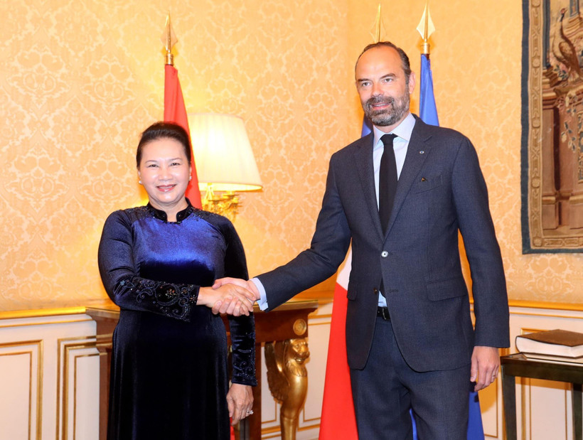 Chủ tịch Quốc hội Nguyễn Thị Kim Ngân hội kiến Thủ tướng Cộng hòa Pháp Edouard Philippe. (Ảnh: Trọng Đức/TTXVN)
