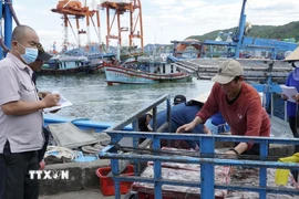 Lực lượng chức năng giám sát hoạt động đưa cá lên cảng. (Ảnh: Đình Quân/TTXVN)
