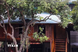 Những ngôi nhà sàn ở bản Pom Coọng thường được làm bằng tre hoặc bương và cách mặt đất khoảng 2m bằng những cột gỗ chắc chắn, xây thành từng cụm và theo lối kiểu kiến trúc truyền thống. (Ảnh: Trọng Đạt/TTXVN)