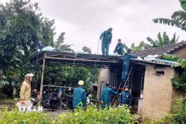 Lực lượng chức năng hỗ trợ, giúp các hộ dân gia cố, chằng chống nhà cửa tránh bão. (Ảnh: TTXVN phát)