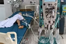 Cháu nhỏ đang được cấp cứu, điều trị tại bệnh viện Nhi tỉnh Gia Lai sau khi bị ong vò vẽ đốt. (Ảnh: TTXVN phát)