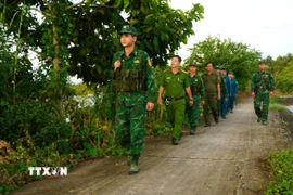 Lực lượng chức năng tuần tra, kiểm soát khu vực biên giới thuộc phường Thường Lạc (tỉnh Đồng Tháp). (Ảnh: Nhựt An/TTXVN)