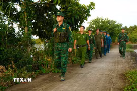 Lực lượng chức năng tuần tra, kiểm soát khu vực biên giới thuộc phường Thường Lạc (tỉnh Đồng Tháp). (Ảnh: Nhựt An/TTXVN)