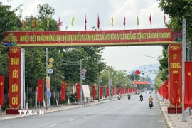 Tuyến đường trung tâm phường biên giới Tịnh Biên (An Giang) trang hoàng rực rỡ cờ, hoa. (Ảnh: Thanh Sang/TTXVN)