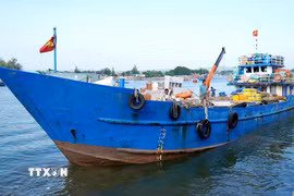 Tàu vận tải rời cảng Sa Kỳ chở hàng hóa ra đặc khu Lý Sơn phục vụ thị trường Tết. (Ảnh: Lê Phước Ngọc/TTXVN)