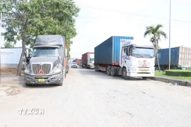 Xe container, xe tải đậu kín trên đường gây khó khăn trong việc di chuyển của các phương tiện khác. (Ảnh: Bùi Giang/TTXVN)