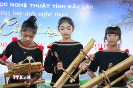 Âm thanh réo rắt, trầm bổng của nhạc cụ bằng tre chất chứa hơi thở đại ngàn, thể hiện sự giao hòa giữa con người và thiên nhiên. (Ảnh: Tuấn Anh/TTXVN)