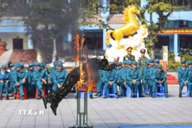 Chiến sỹ Bộ Chỉ huy Quân sự tỉnh Điện Biên thực hành nội dung huấn luyện vượt vòng lửa, hàng rào dây thép gai tại Lễ ra quân huấn luyện. (Ảnh: Xuân Tư/TTXVN)