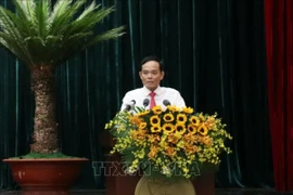 Bí thư Thành ủy Thành phố Hồ Chí Minh Trần Lưu Quang phát biểu tại hội nghị. (Ảnh: Tiến Lực/TTXVN)